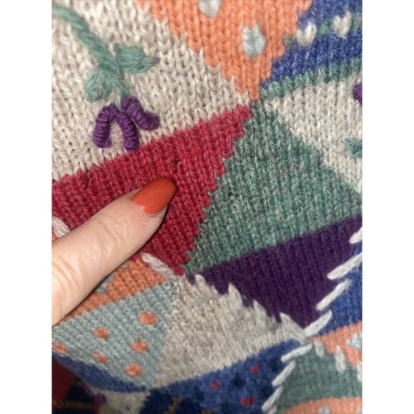 VTG 90s Eddie Bauer Wool Blend Geometric Patchwork Cardigan Sweater Sz Large - Picture 7 of 8